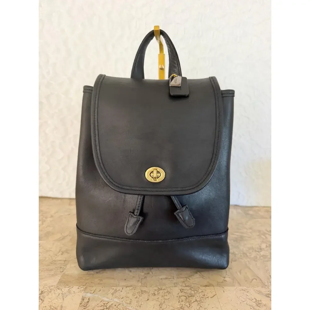 Vtg Coach black leather MEdium To Full Backpack Daypack 9791 w/brass Hardware